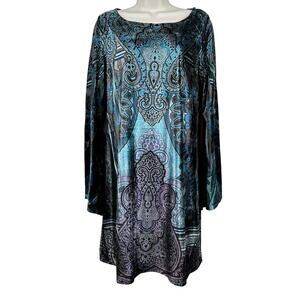 One World Velour Dress Trumpet Sleeve Paisley Teal Medium Tunic Shift Dress Boho